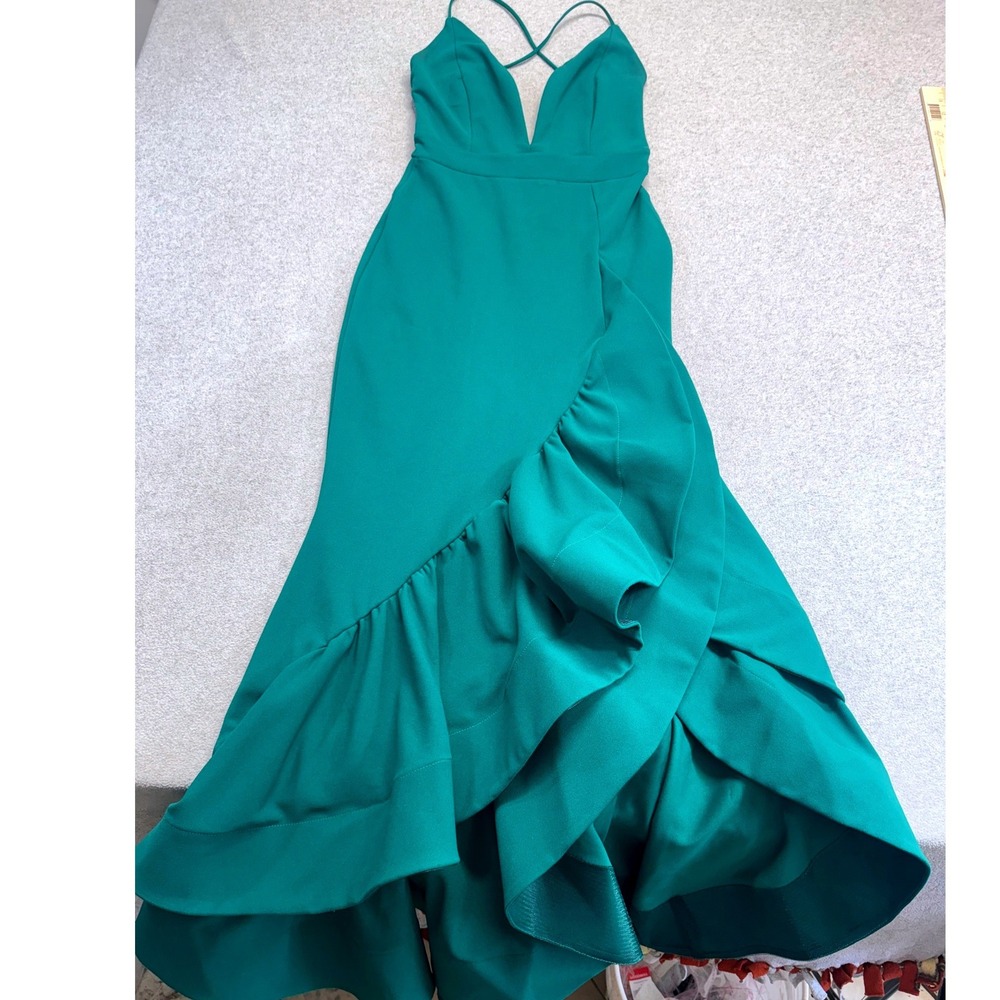 Symphony Evening Gown Womens Small Emerald Green Ruffle Deep V Neck Formal Dress